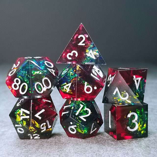 Sage's Enchanted Crystals Red/Green Holo Foil Silver Ink Sharp Edge Resin Polyhedral Dice Set image 13