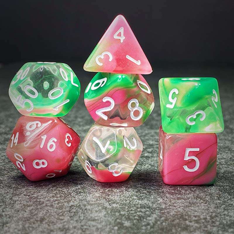 Sage's Capsules - Half Transparent Pink/Green Acrylic Polyhedral Dice Set image 1