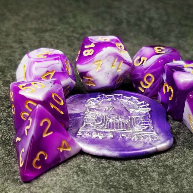 Sage's Stones - Purple/White Gold Ink Acrylic Polyhedral Dice Set image 3