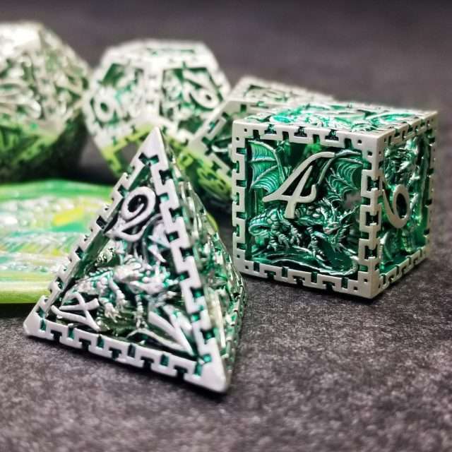 Sage's Dragonstones - Chained Noble Dragon Green Hollow Metal Polyhedral Dice Set image 10