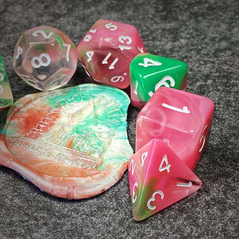 Sage's Capsules - Half Transparent Pink/Green Acrylic Polyhedral Dice Set image 11