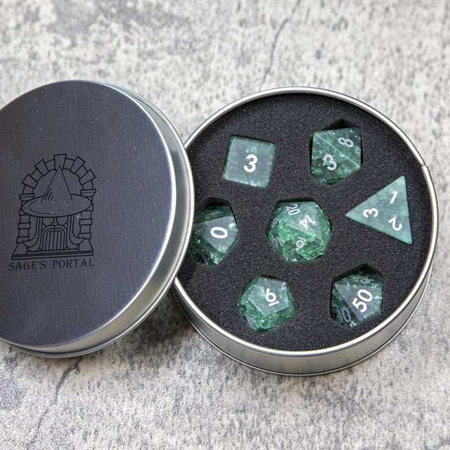 Sage's Kaleidoscopes Green/Mica Cracked Glass Frosted Finish Polyhedral Dice Set image 10