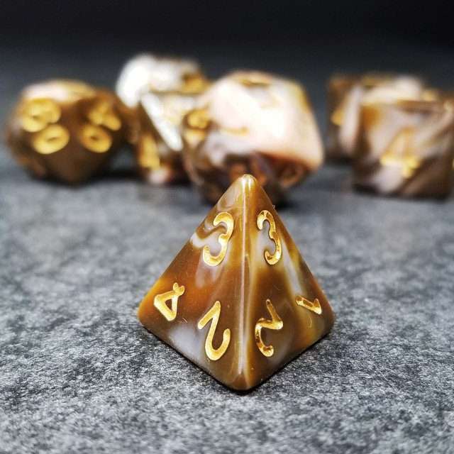 Sage's Stones - Coffee/White Gold Ink Acrylic Polyhedral Dice Set image 1