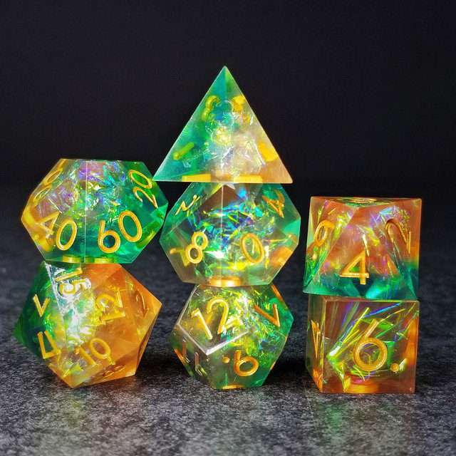 Sage's Enchanted Crystals Green/Peach Gold Ink Sharp Edge Resin Dice Set image 8