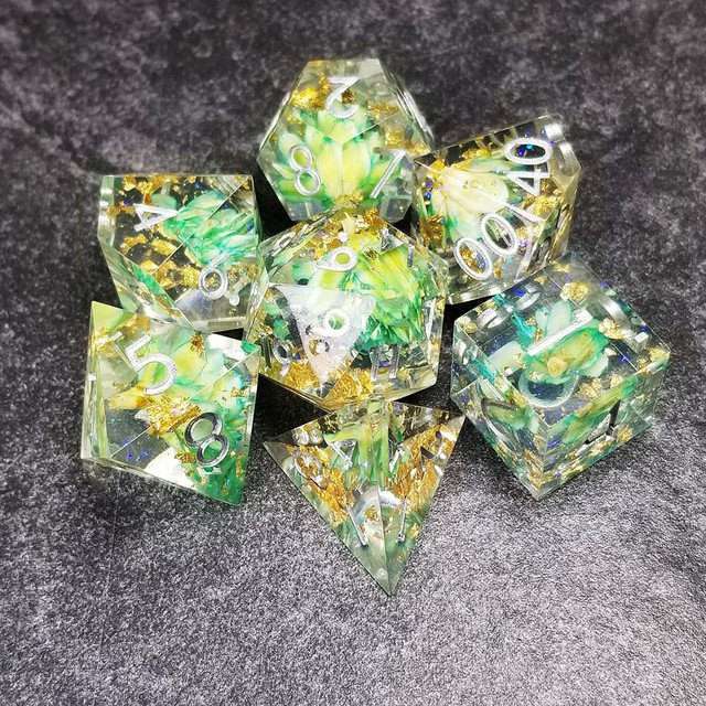 Sage’s Enchanted Flower Cyan Sharp Edge Resin Polyhedral Dice Set image 30