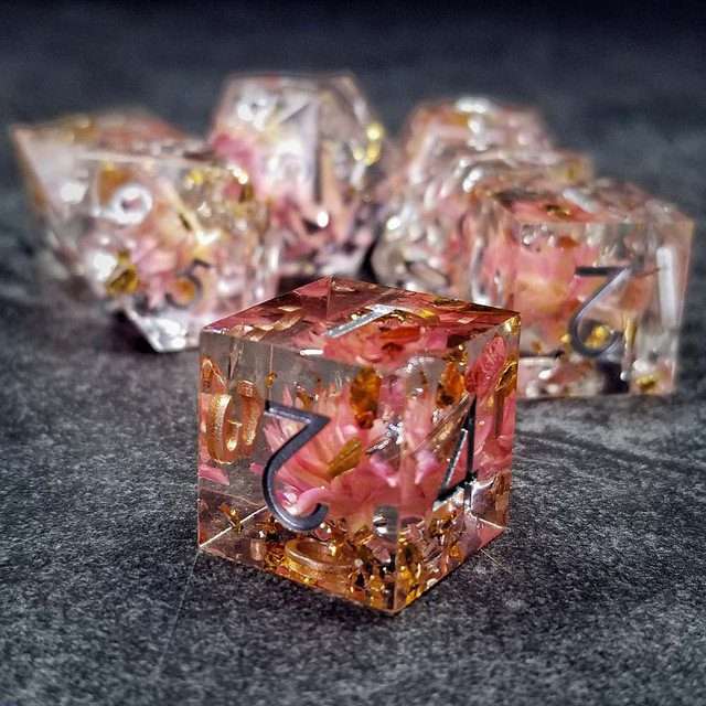 Sage’s Enchanted Flower Pink Sharp Edge Resin Polyhedral Dice Set image 25