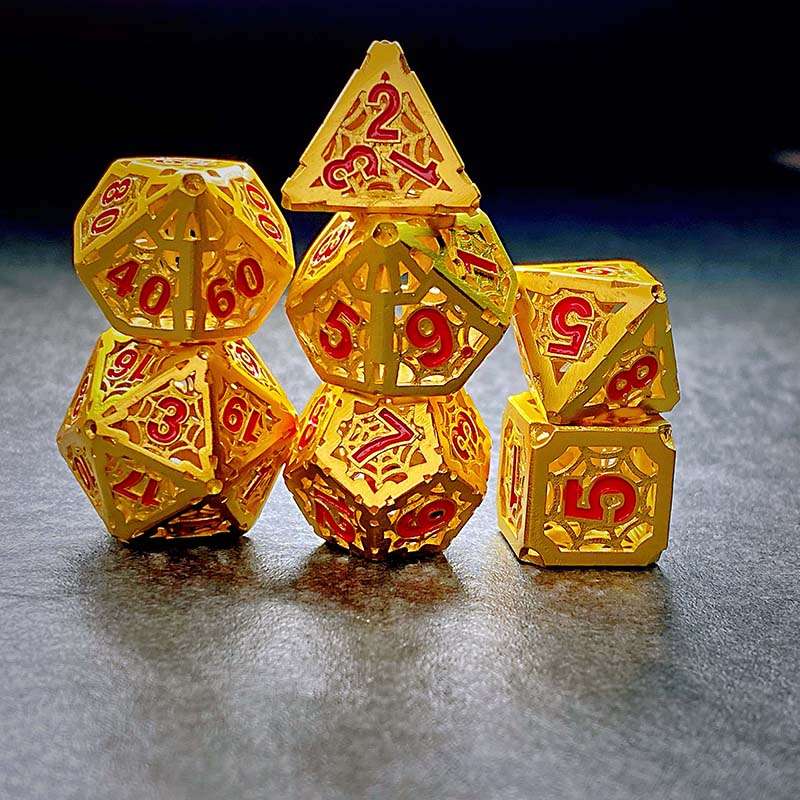 Sage's Gnomish Trinkets - Hollow Gold Spider Trinket Red Ink Metal Polyhedral Dice Set image 1