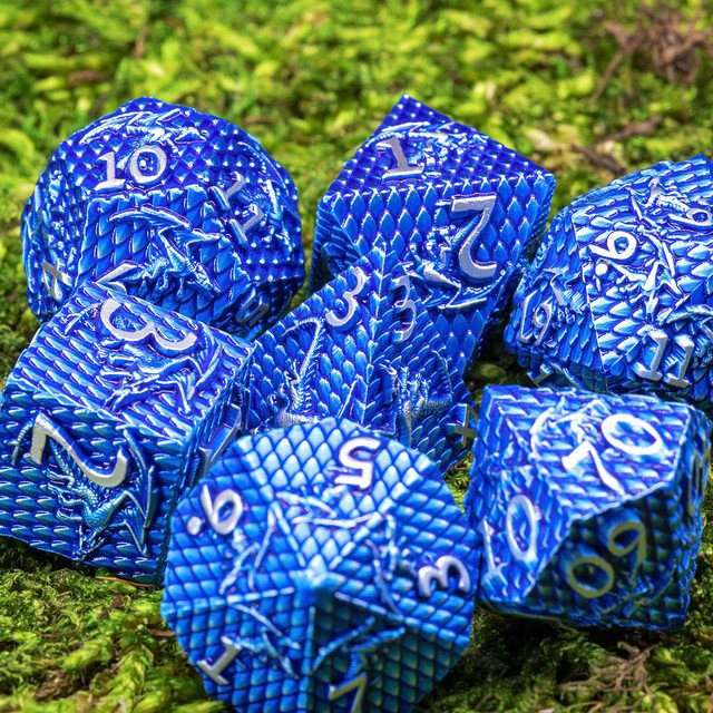 Sage's Dragonscales Blue/Silver Metal Polyhedral Dice Set image 0