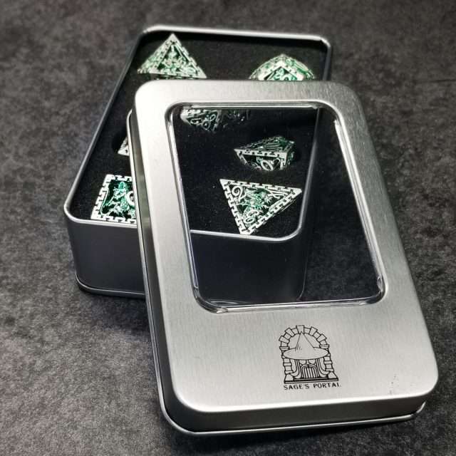 Sage's Dragonstones - Chained Noble Dragon Green Hollow Metal Polyhedral Dice Set image 12