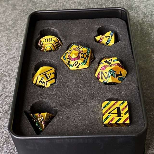 Sage's Dimension Stones - Gold Purple/Green Glitter Stripes Metal Polyhedral Dice Set image 13