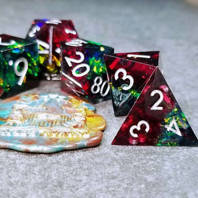 Sage's Enchanted Crystals Red/Green Holo Foil Silver Ink Sharp Edge Resin Polyhedral Dice Set image 14