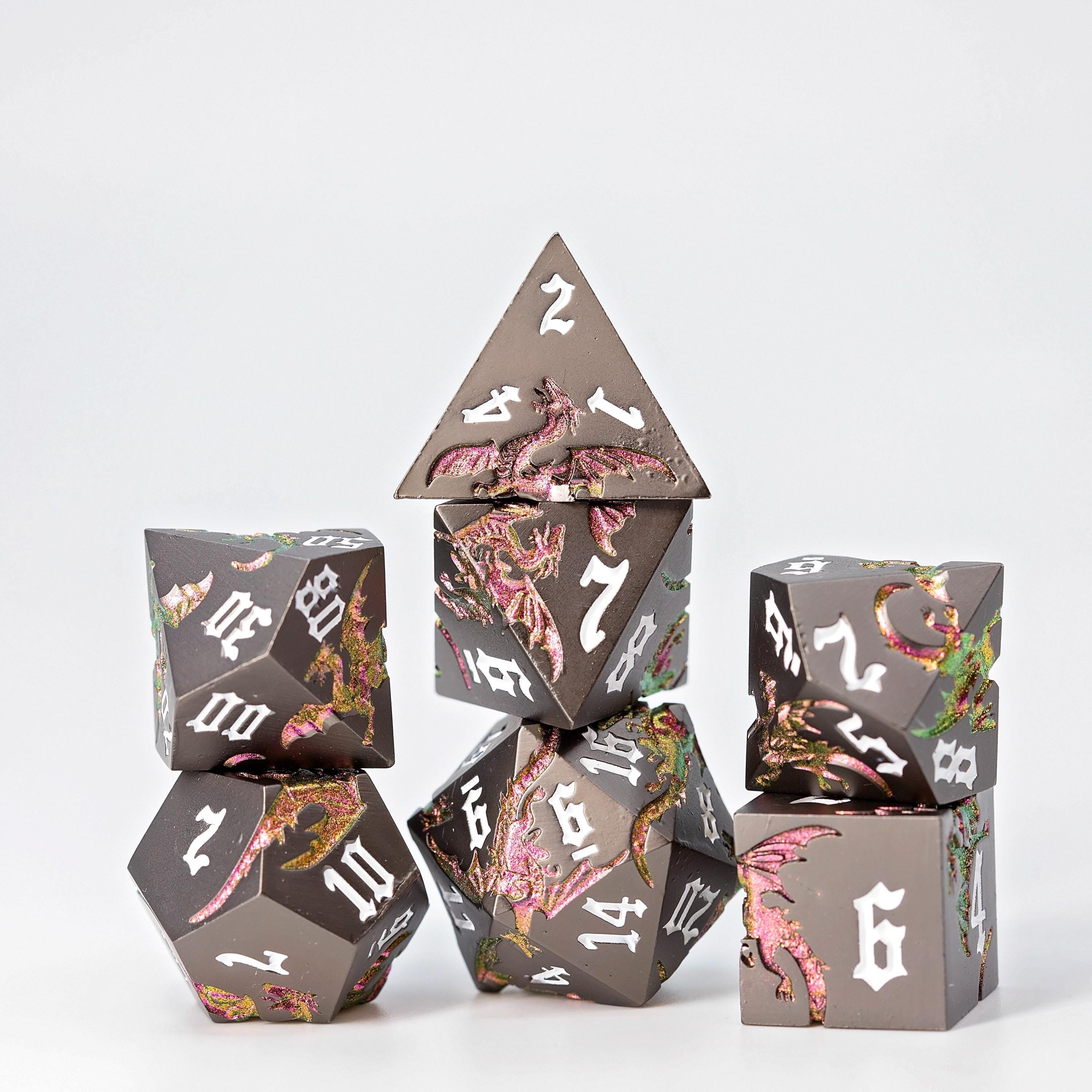 Black & Pink Metal DND Dice Set | Sage’s Dragon Etchings | Rose Gold Engraved Dragons Polyhedral Dice