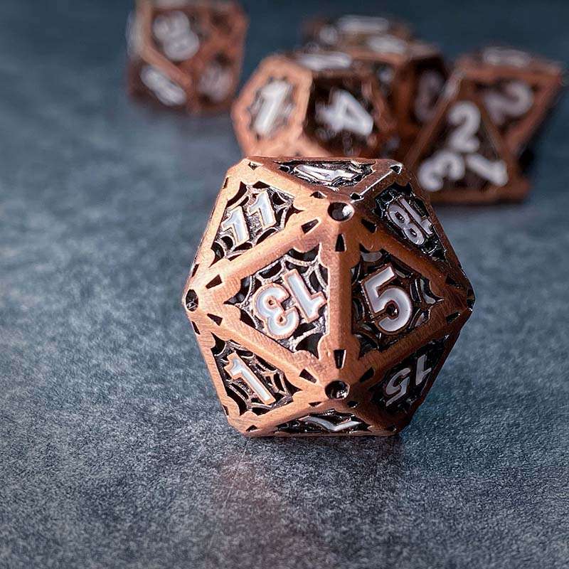 Sage's Gnomish Trinkets - Hollow Copper Spider Trinket White Ink Metal Polyhedral Dice Set image 2