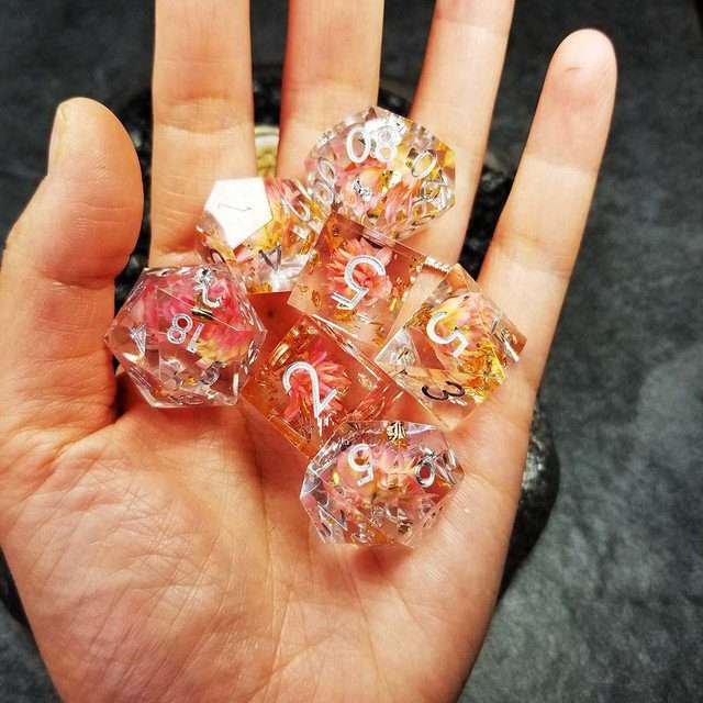 Sage’s Enchanted Flower Pink Sharp Edge Resin Polyhedral Dice Set image 28