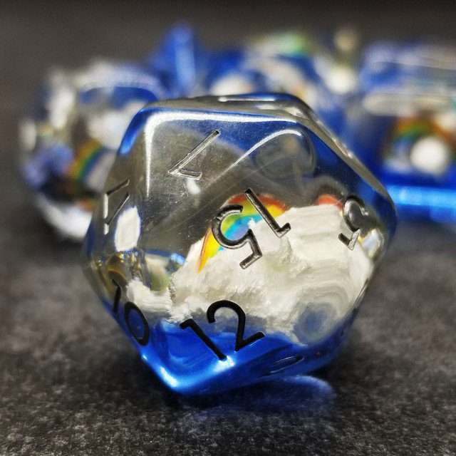 Sage's Familiars - Enchanted Rainbow and Clouds Resin Polyhedral Dice Set image 1