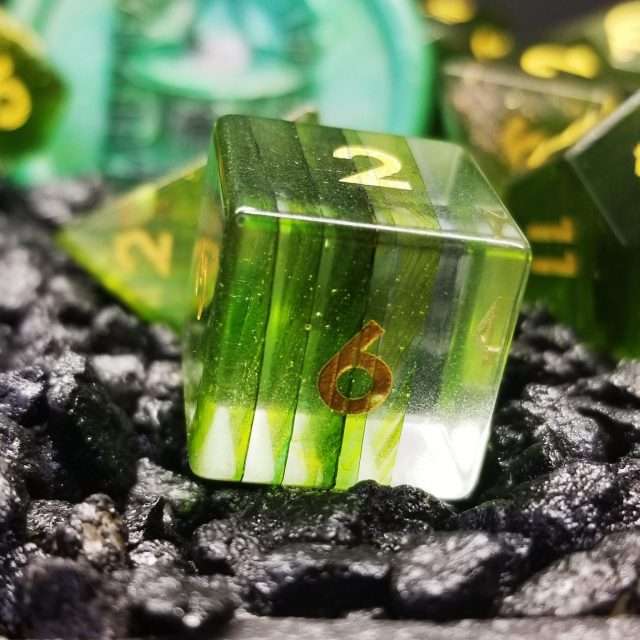 Sage's Treasures- Green Glass Layered Gold Glitter Gemstone Polyhedral Dice Set image 6