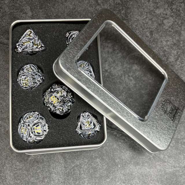 Sage's Macabre Bone Trinket Chalk White Inlay Black/Gold Hollow Metal Polyhedral Dice Set image 10