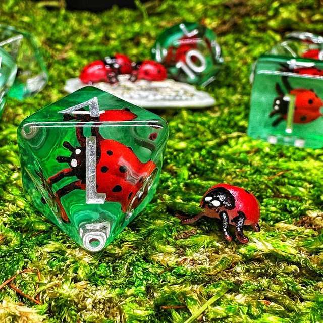 Sage's Red Baby Ladybug Familiar Resin Polyhedral Dice Set image 5