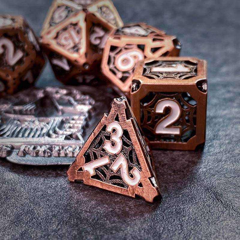 Sage's Gnomish Trinkets - Hollow Copper Spider Trinket White Ink Metal Polyhedral Dice Set image 12