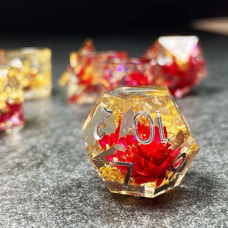 Sage’s Enchanted Flower Red/Silver Ink Sharp Edge Resin Polyhedral Dice Set image 10