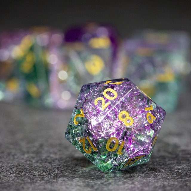 Sage's Kaleidoscopes Purple/Green Cracked Glass Gloss Finish Polyhedral Dice Set image 1
