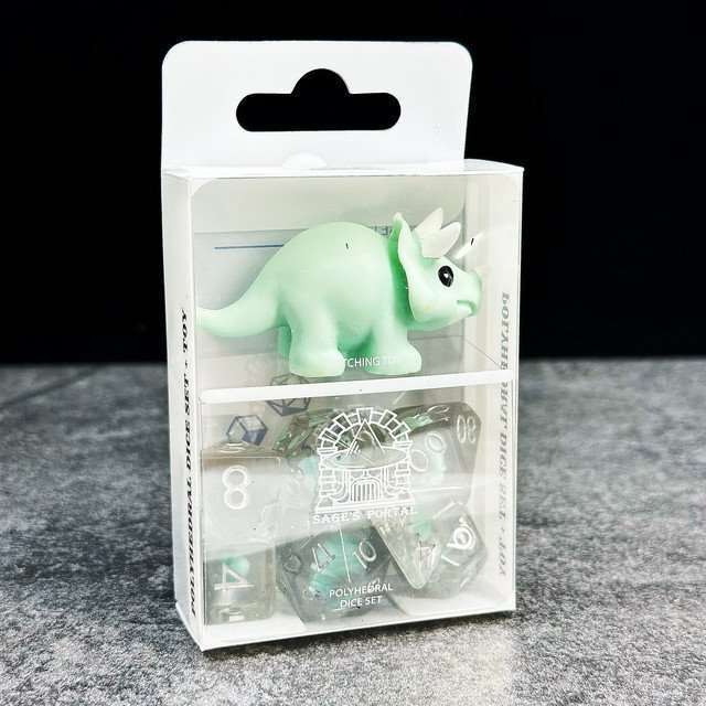 Sage's Familiars - Teal Baby Triceratops Resin Polyhedral Dice Set - Dice + Toy image