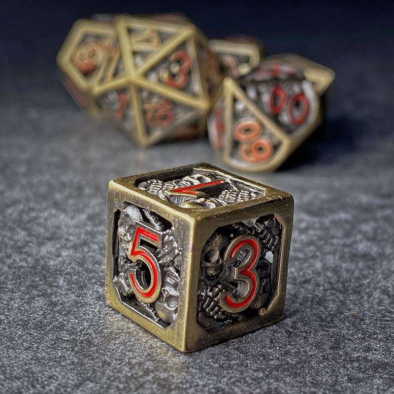 Sage's Grim's Fortunes - Bronze Red Ink Reaper Hollow Metal Polyhedral Dice Set image 6