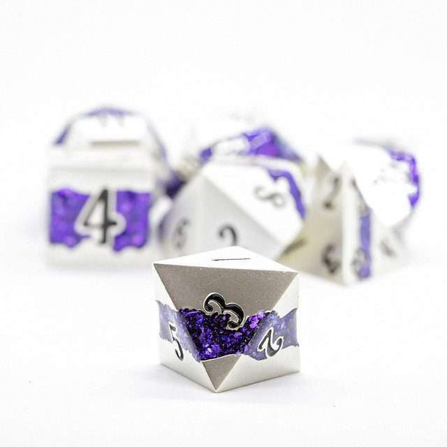 Sage's Rift Stones - Pearl Silver/Purple Metal Polyhedral Dice Set image 6