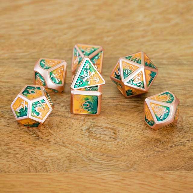 Sage's Grim's Fortunes - Bronze Peach/Green Skull-Bones Metal Polyhedral Dice Set image 14