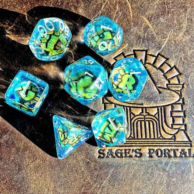 Sage's Bottled Green Dragon Eyes Resin Polyhedral Dice Set image 6
