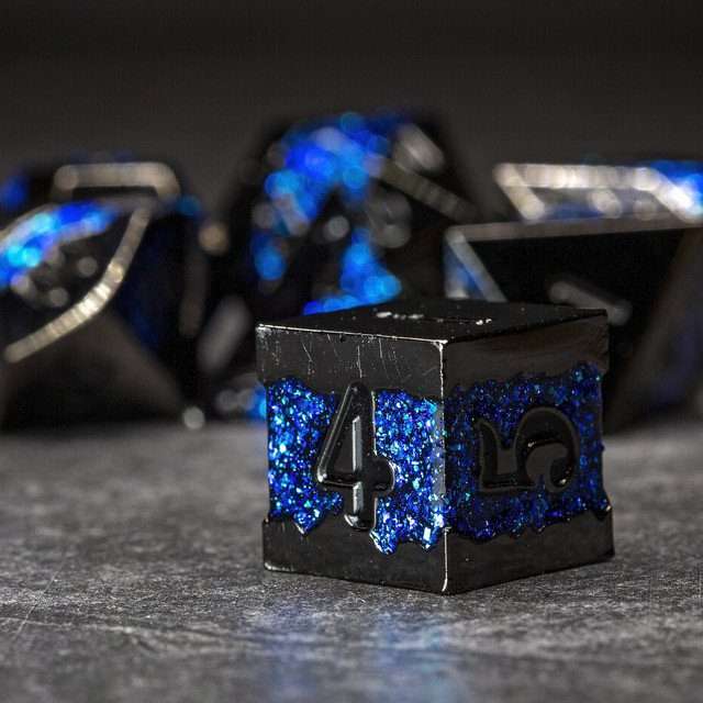 Sage's Rift Stones - Gloss Black Blue Metal Polyhedral Dice Set image 6