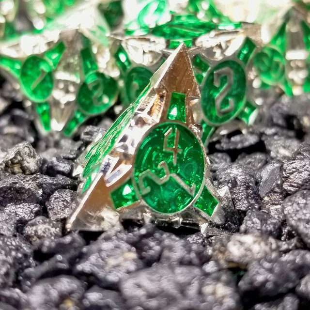 Sage’s Runic Caltrops Silver/Green Metal Polyhedral Dice Set image 7