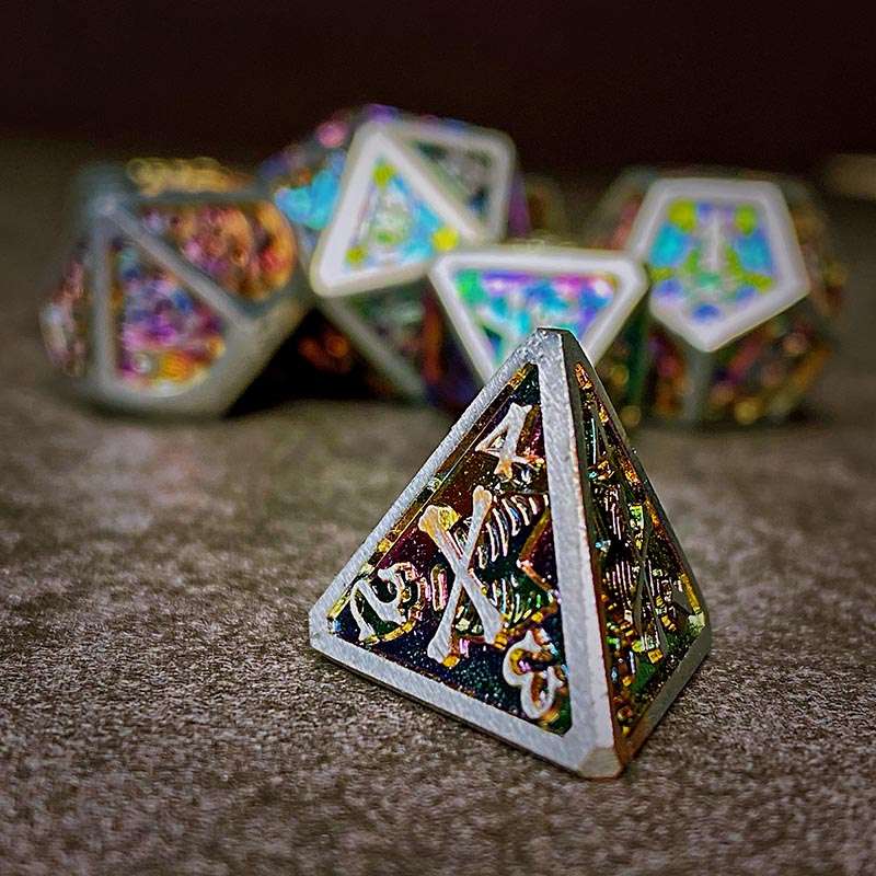 Sage's Grim's Fortunes - Silver/Holo Skull-Bones Metal Polyhedral Dice Set image 5