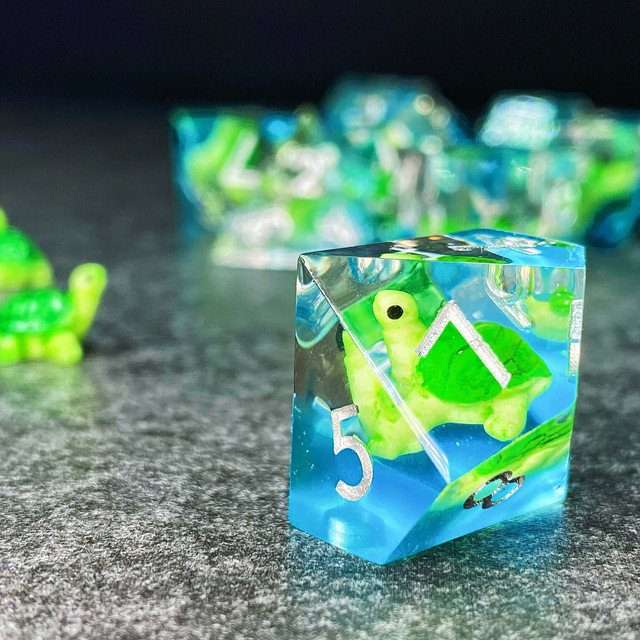 Sage's Familiars - Baby Turtle Familiar Sharp Edge Resin Polyhedral Dice Set image 0