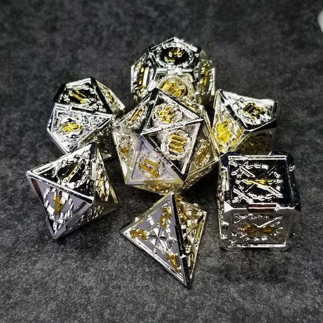 Sage's Knight's Valor - Truesilver Gold Ink Metal Polyhedral Dice Set image 9