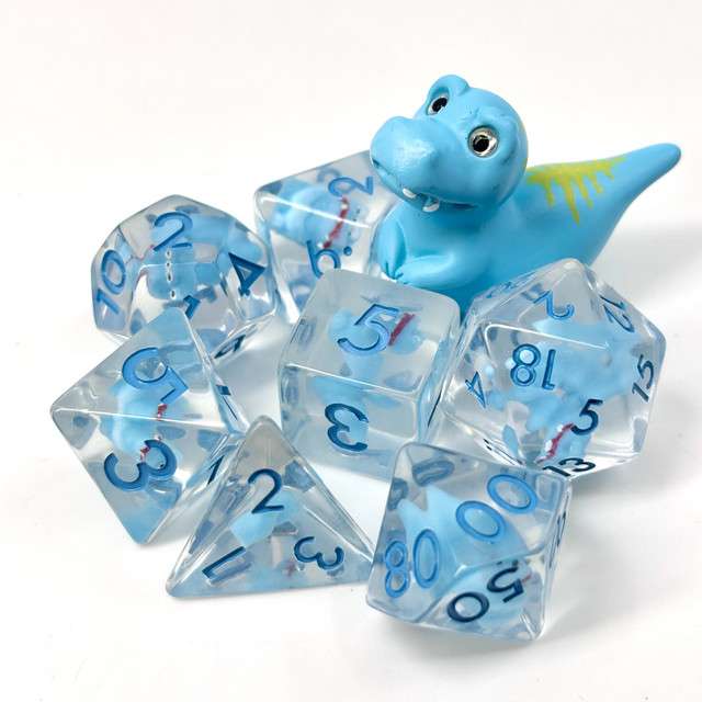 Sage's Blue T-Rex Familiar Resin Polyhedral Dice Set + Toy image 0