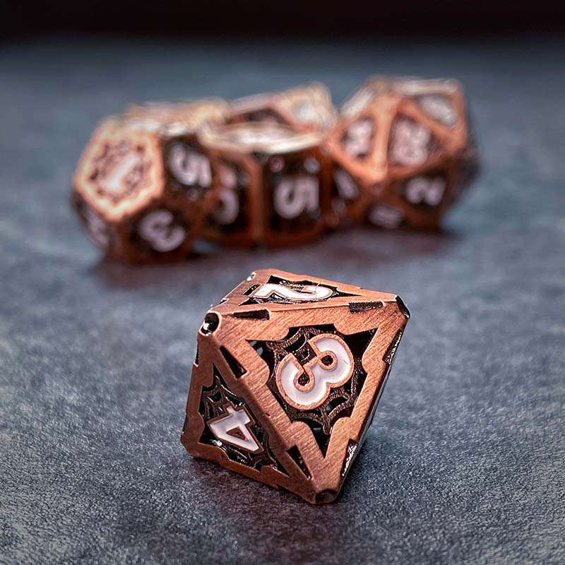 Sage's Gnomish Trinkets - Hollow Copper Spider Trinket White Ink Metal Polyhedral Dice Set image 6