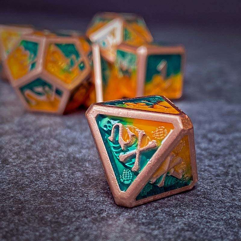 Sage's Grim's Fortunes - Bronze Peach/Green Skull-Bones Metal Polyhedral Dice Set image 6