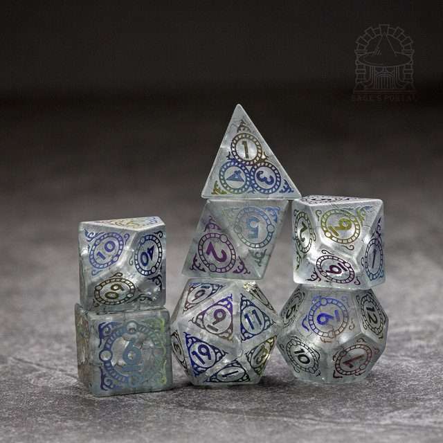 Sage's Glyphed Grey Cracked Glass Frosted Finish Polyhedral Dice Set image 9
