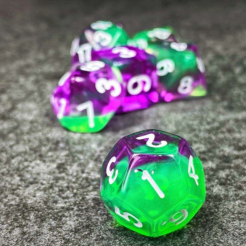 Sage's Capsules - Transparent Purple/Green Acrylic Polyhedral Dice Set image 3