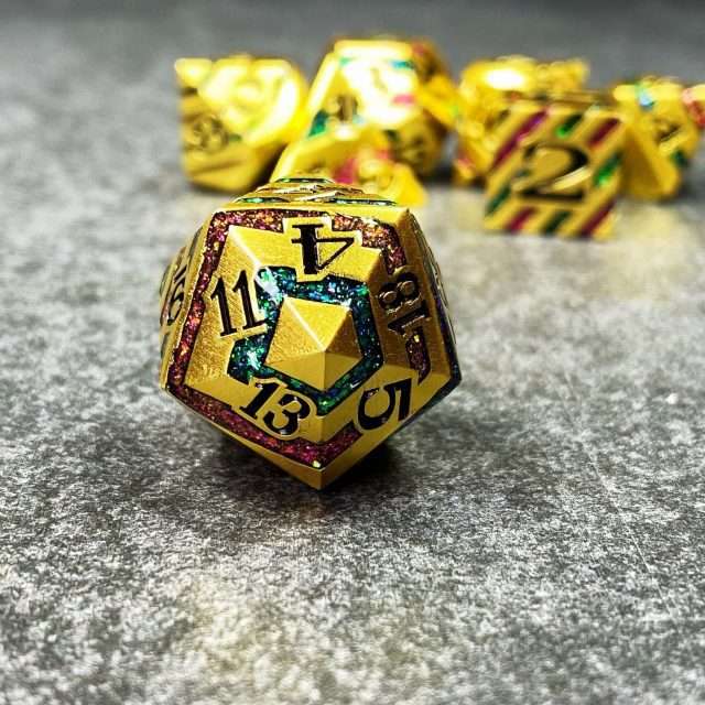 Sage's Dimension Stones - Gold Purple/Green Glitter Stripes Metal Polyhedral Dice Set image 12