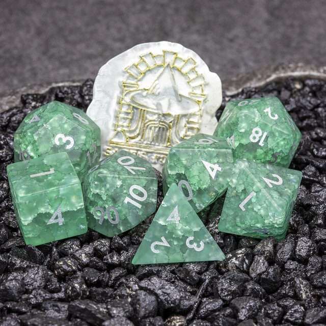 Sage's Kaleidoscopes Green/Mica Cracked Glass Frosted Finish Polyhedral Dice Set image 0