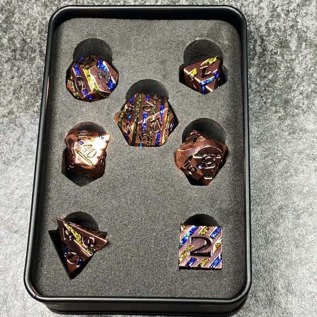 Sage's Dimension Stones - Copper Blue/Green Glitter Stripes Metal Polyhedral Dice Set image 9