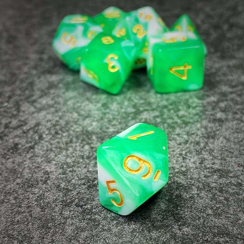 Sage's Stones - Green/White Gold Ink Acrylic Polyhedral Dice Set image 5