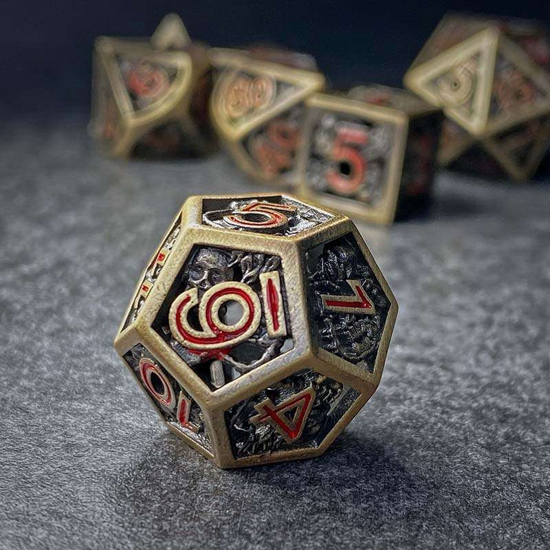 Sage's Grim's Fortunes - Bronze Red Ink Reaper Hollow Metal Polyhedral Dice Set image 2