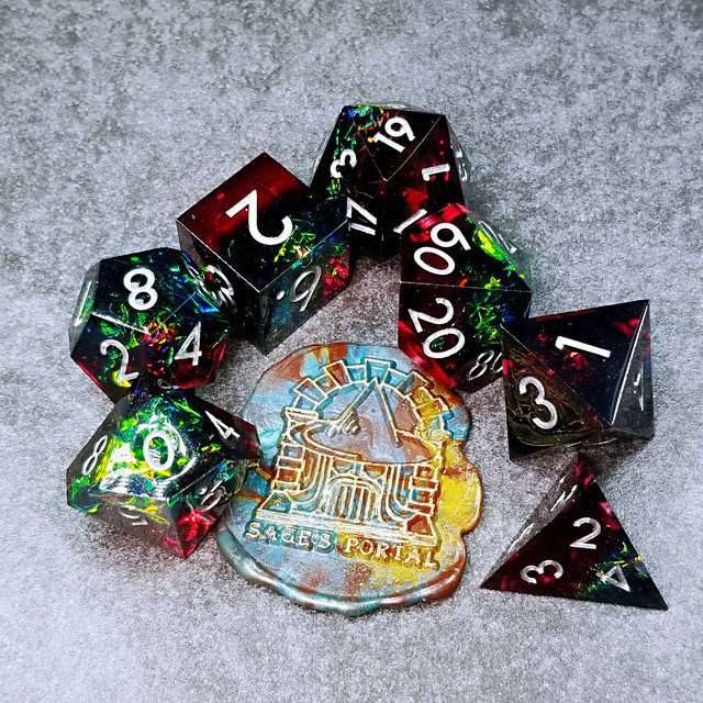 Sage's Enchanted Crystals Red/Green Holo Foil Silver Ink Sharp Edge Resin Polyhedral Dice Set image 1