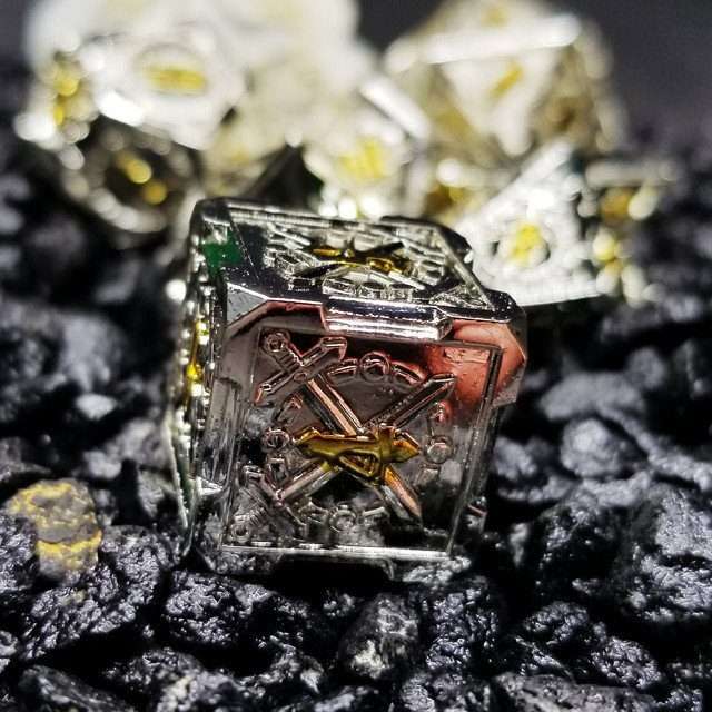 Sage's Knight's Valor - Truesilver Gold Ink Metal Polyhedral Dice Set image 6
