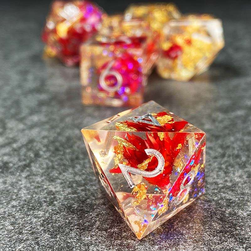 Sage’s Enchanted Flower Red/Silver Ink Sharp Edge Resin Polyhedral Dice Set image 14
