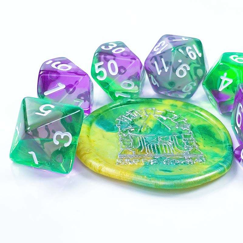 Sage's Capsules - Transparent Purple/Green Acrylic Polyhedral Dice Set image 9