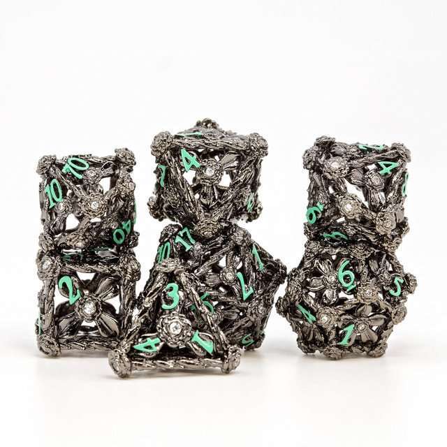 Sage's Tarnished Rose Hollow Metal Polyhedral Dice Set image 1